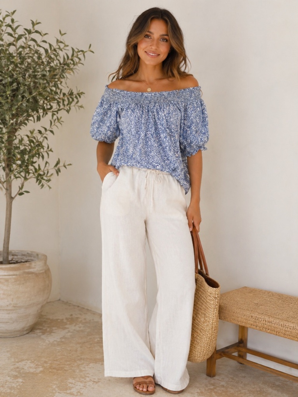 MELLODAY Blue and White Patterned Women's Top